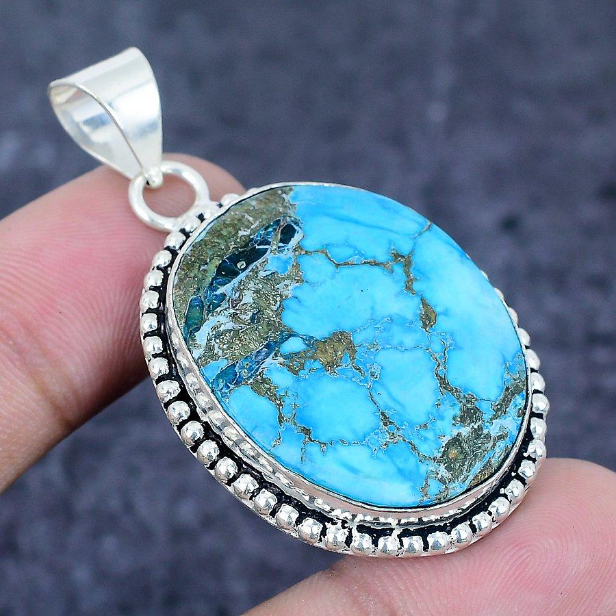 Natural Tibetan Turquoise 925 Sterling Silver Jewelry Pendant 1.97" H9f59