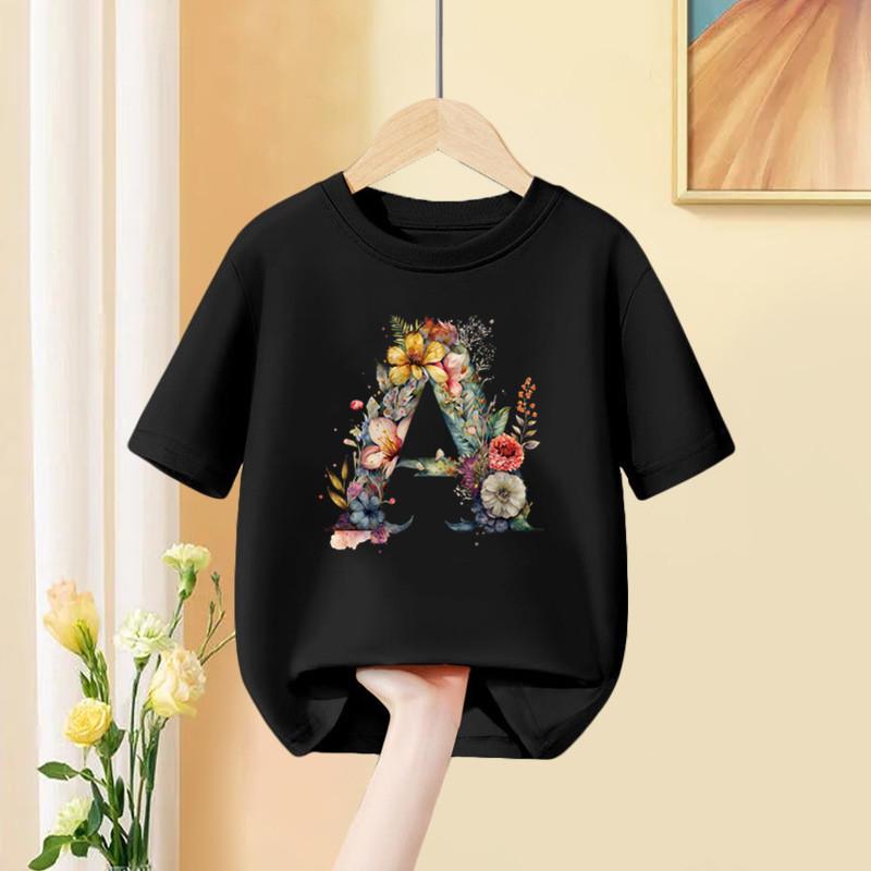 

A B C D Комбинированный шрифт Девочки Футболка Цветочный принт Повседневные топы Имя на заказ Буква Детская черная футболка 150