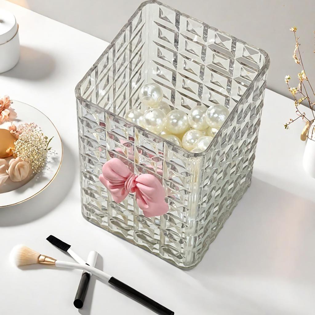 Square Plastic Makeup Brush Holder Desktop Cosmetic Storage Box With Bow Lipstick Eyeliner Makeup Organizer Jewelry Display Case