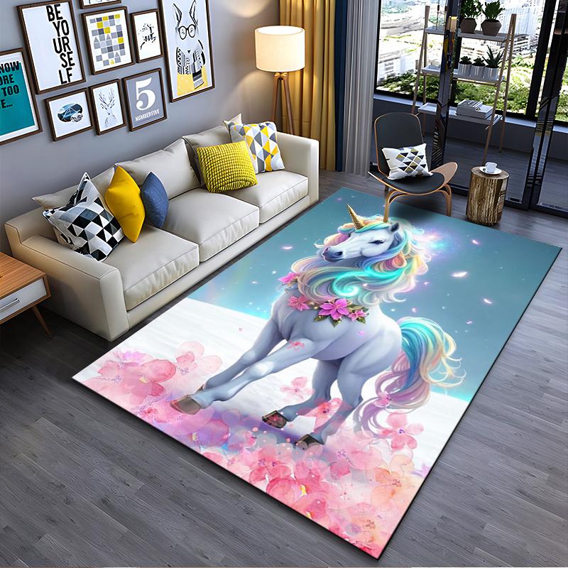 Enchanted Unicorn with Rainbow Mane Rug Non-slip rug suitable for living room and bedroom sofas.