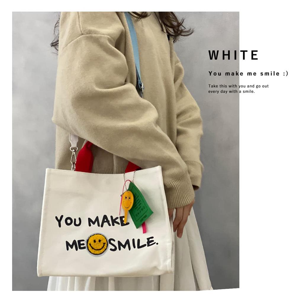 Tote Bag 2way Canvas Shoulder Crossbody Smile Shoulder Cotton Lunch Bag Large Capacity Lightweight Bag [DIVA Rose] Mother's (White)