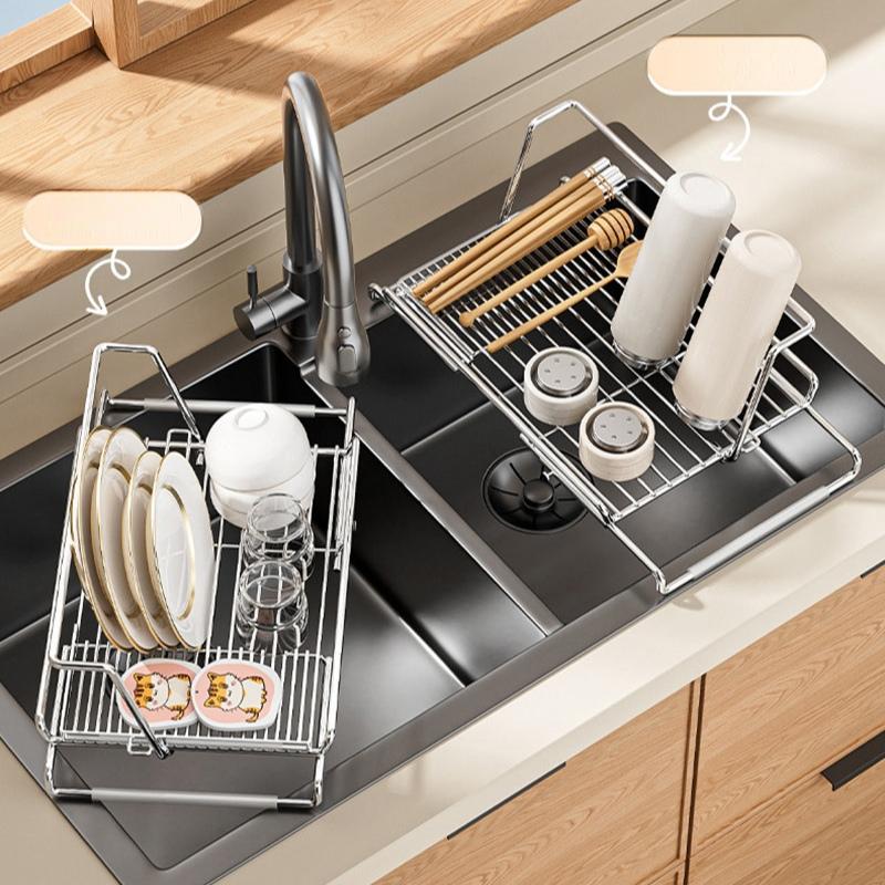 Stainless Steel Expandable Sink Drainer Rack with Filter Mesh Kitchen Dish Drying Organizer for Plates Bowls and Cups