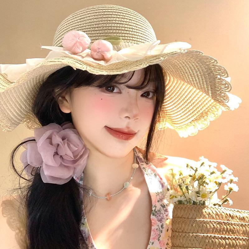 Big Brim Sun Hat Seaside Beach Idyllic Forest Bow Streamer Straw Hat Female Summer Flower Tulip