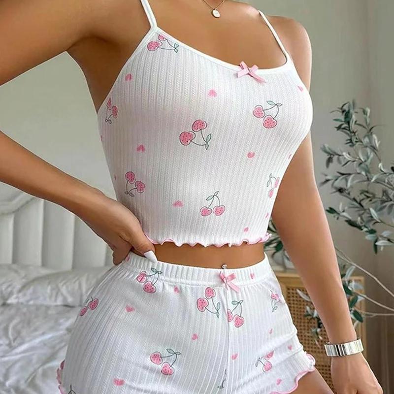 Pijamale de vară pentru femei, set de pijama cu imprimeu inimă, sexy, cu nervuri, decor cu fundă, gât rotund, top scurt cami fără spate și șorturi, îmbrăcăminte de noapte
