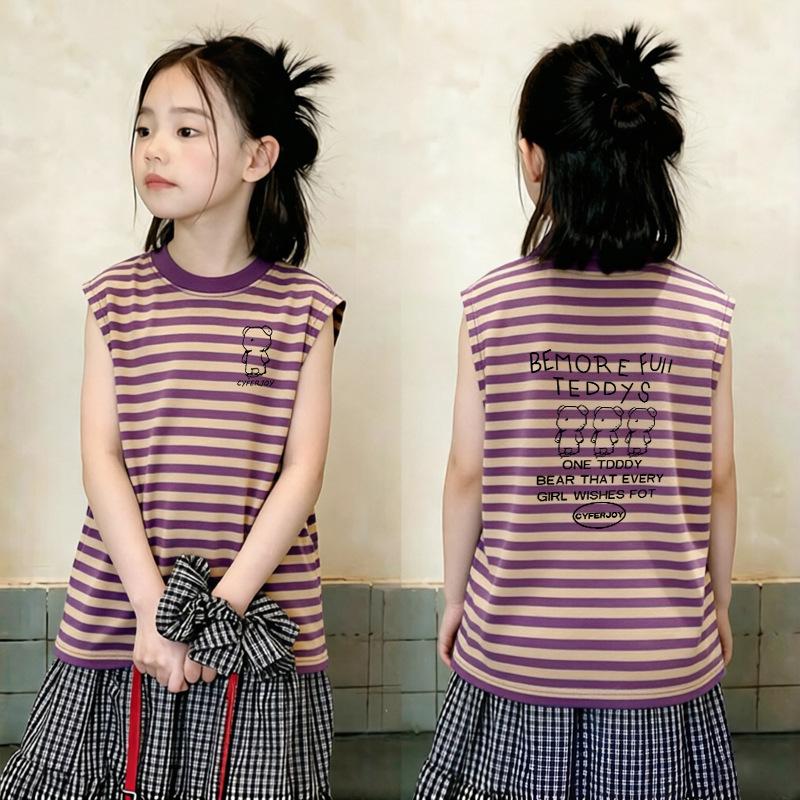 Girls' Striped Letter Print Sleeveless T-shirt - 2026 Summer Collection, Color Block, Loose Fit for Medium & Large Children