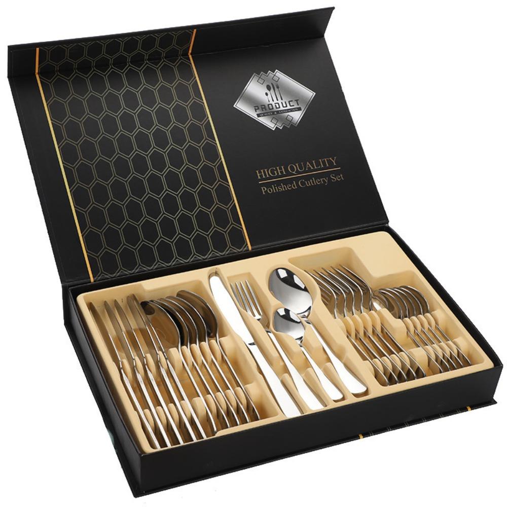 

24 Pcs Food Grade Cutlery Set with Box Light Luxury Decor Dinner Spoon Fork Set Minimalist Portable Stainless Steel Tableware срібний