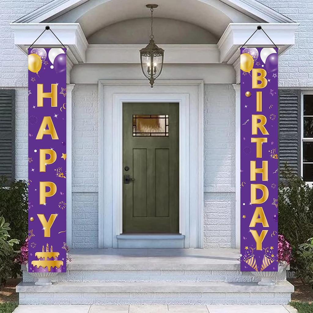 Purple Gold Happy Birthday Door Banner Decorations, Happy Birthday Porch Sign Party Supplies for Girls Women, 16th 21st 30th 40th 50th 60th Birthday
