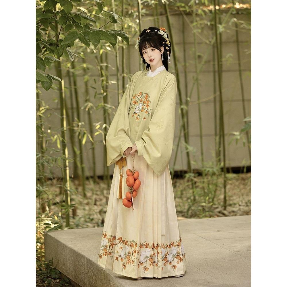 Chinesischer Ming-Dynastie-Stil Hanfu Rundhalsrobe Pipa-Ärmel Pferdegesicht-Rock Anzug für Frauen