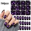 144pcs Purple Pink Cat Eye Press On Nails Medium Square Glitter Cat Eye Fake Nails Full Cover Purple Cat Eye False Nails-12si