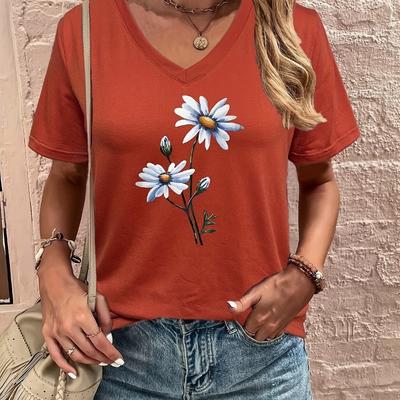 T-shirt à manches courtes imprimé petites marguerites pour hauts décontractés pour femmes