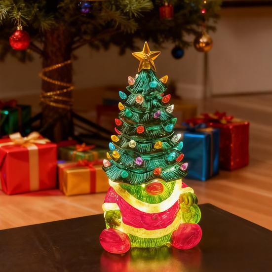10 Inch Lighted Christmas Gnome Tree Resin Reindeer/Santa Dog Gnome Tree with LED Light