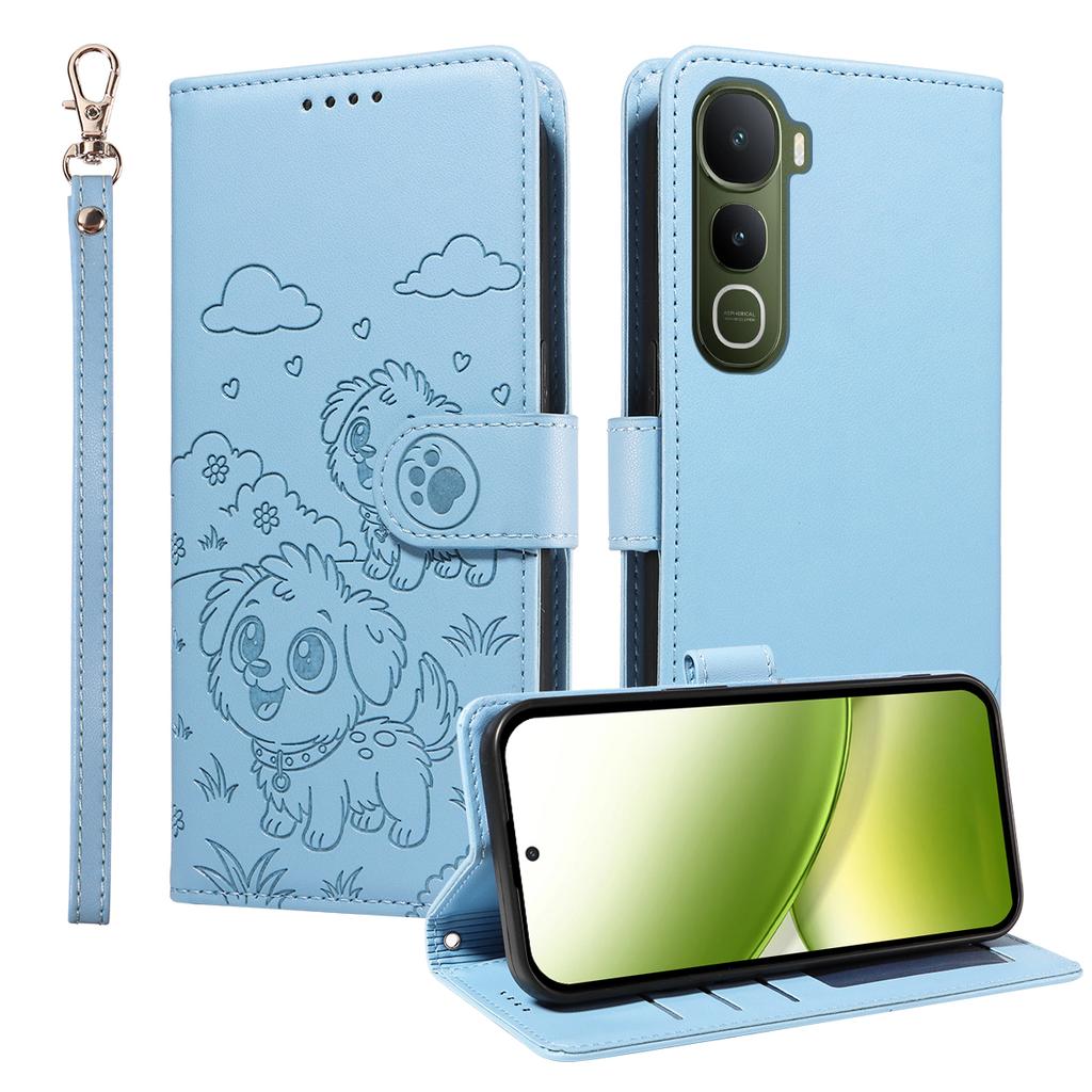 For vivo Y400 5G Case RFID Blocking Imprinted Dog Pattern PU Leather Phone Cover with Wrist Strap