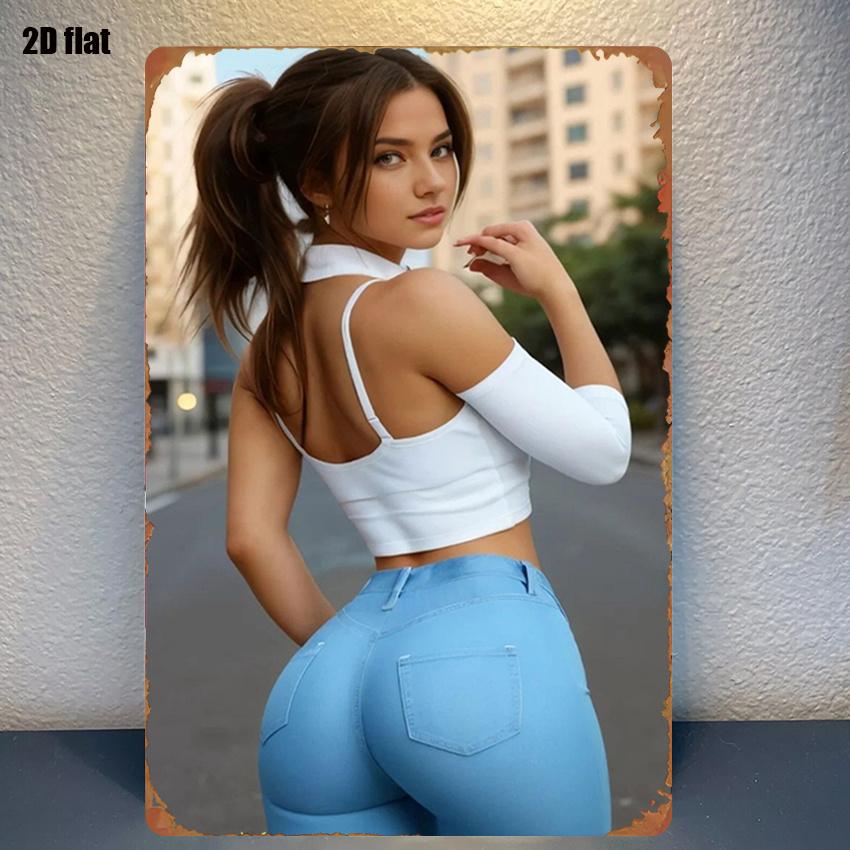 HighDefinition Metal Tin Sign Ponytail Girl in White Crop Top  Light Blue Jeans Vintage Wall Art Decor for Home Bar Cafe