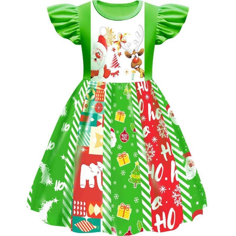Christmas New Children'S Flying Sleeve Dress 3D Digital Printing Christmas Day Performance Dress