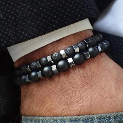 Novo Conjunto de Pulseiras Masculinas de Pedra Vulcânica com Contas Pretas Foscas Camada Dupla Pedras Naturais Contas Presentes