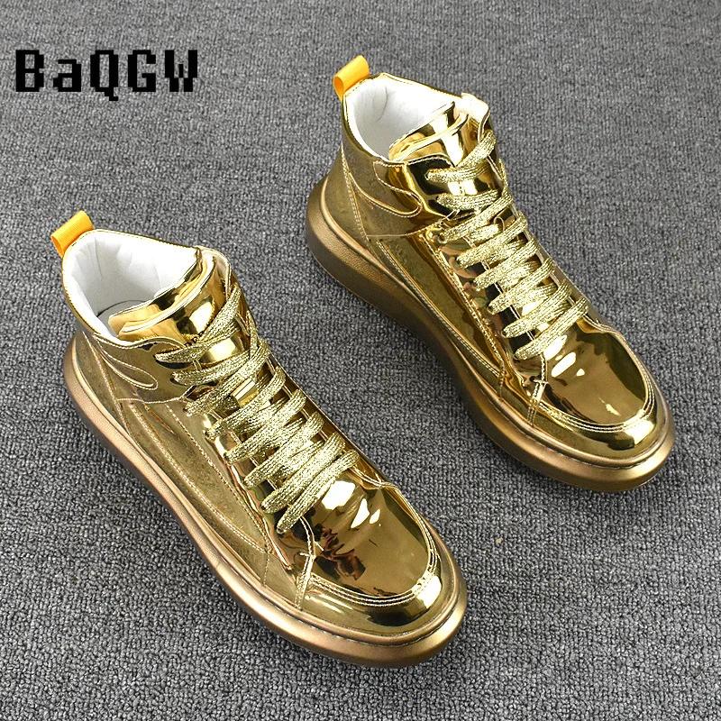 Gloden SLiver Fashion Leather Boots for Men Waterproof Lace Up Short Ankle Boots Men Outdoor Platform High Top Motorcycle Boots