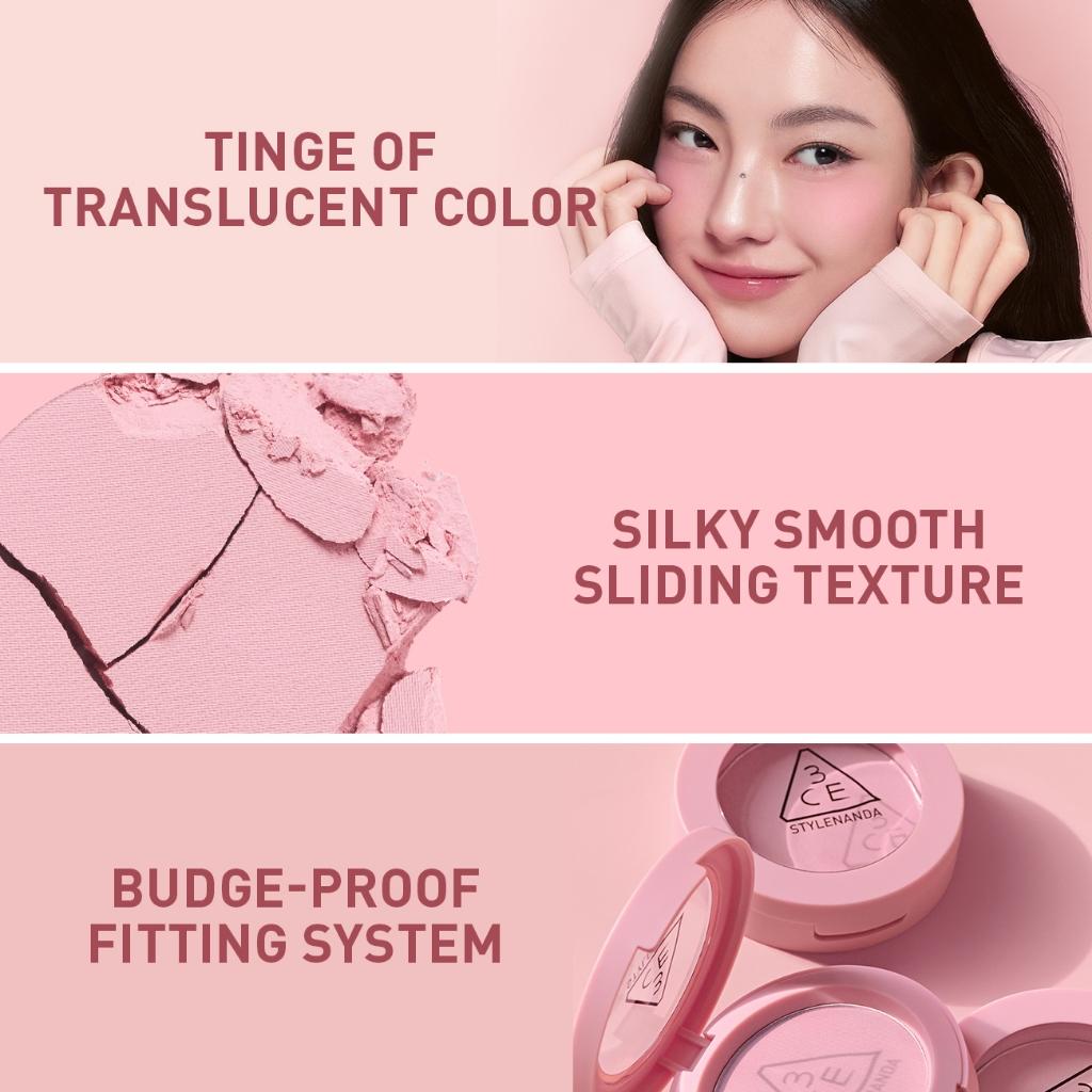 Blush viso 3CE, pigmenti traslucidi leggeri, texture liscia come la seta, facilmente sfumabile, colorito dall'aspetto naturale.