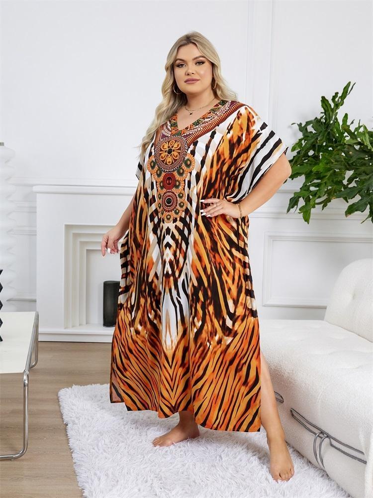 Kaftano da Donna Taglie Forti Accogliente Elegante Abito Lungo Casual Scollo a V Maniche a Pipistrello Stampa Etnica a Strisce di Tigre Vestibilità Ampia