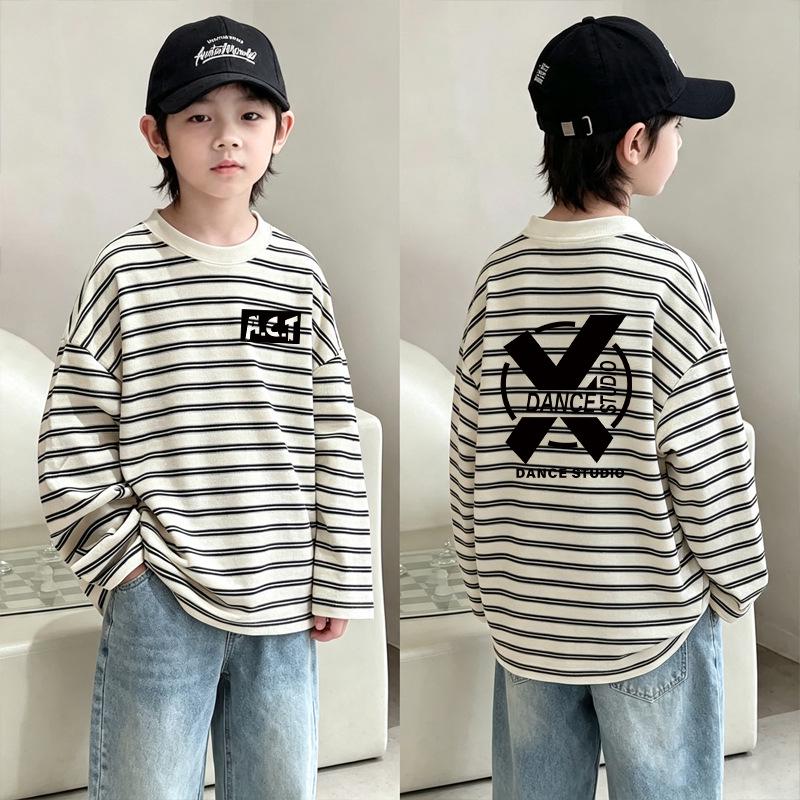 Boys' Striped Cotton Long-Sleeve T-shirt - New 2026 Style, Spring/Autumn Patchwork Base Layer for Medium/Large Children