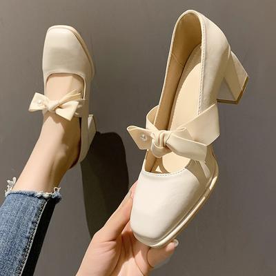 Módní dámská obuv Mary Jane Nevěsta Čtvercová špička s mašlí Blokový podpatek Boty pro ženy Japonský styl Lolita Krémově bílá Gotický trend 40