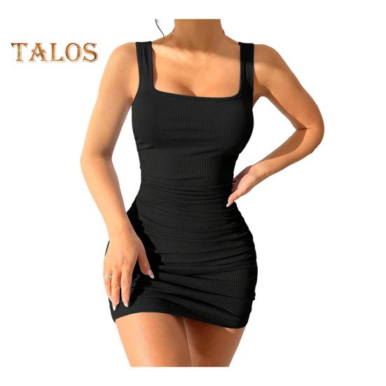 Women Mini Dress Pleated Sleeveless Sheath Dress Slim Fit Square Neck Thread Pure Color Elastic Vest Dress for Club Beach Parties