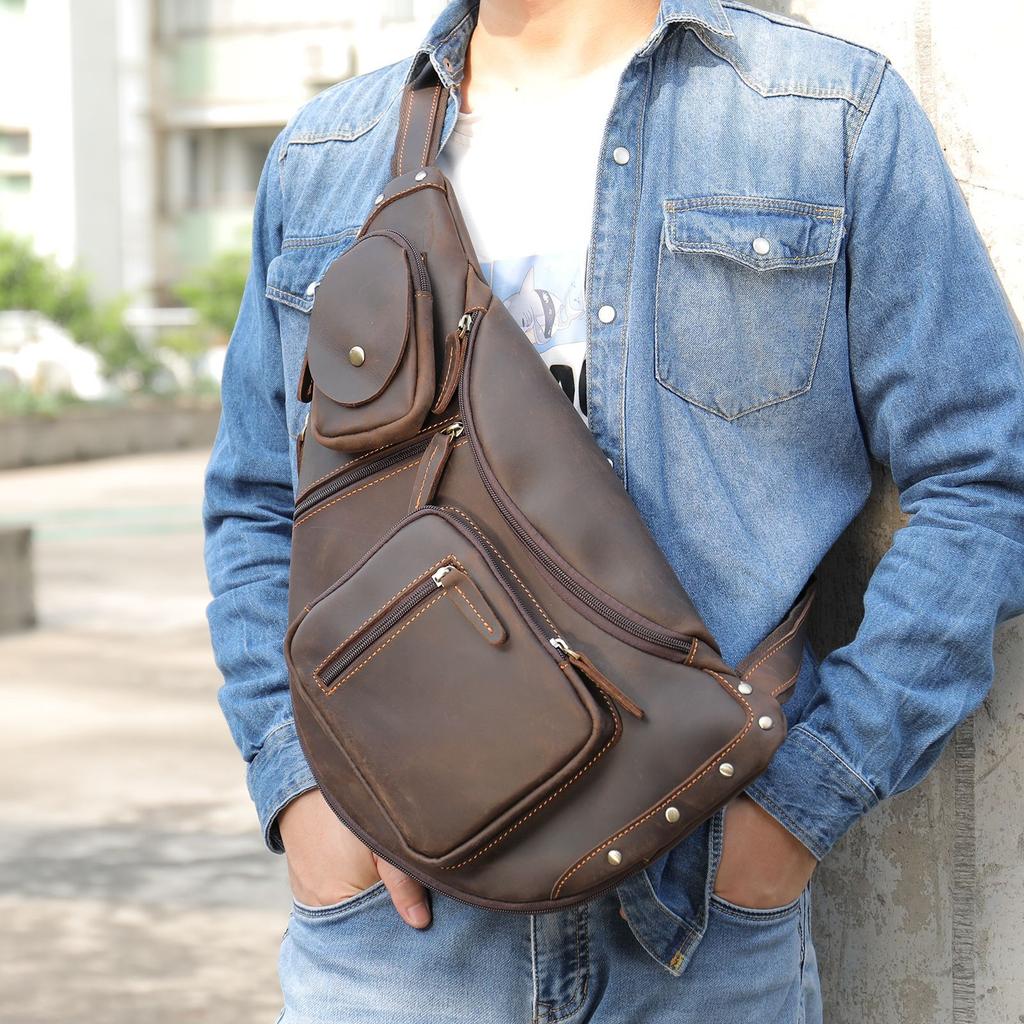 Fashionable Men's Leather Chest Bag with High-end Feel, Retro Handmade Men's Crossbody Bag, Large Capacity Men's Leather Chest Bag