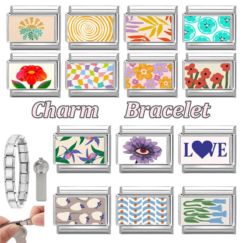 Trendy Colorful Flowers Butterfly Eye Orange Sun Italian Charm Bracelet Link Fit 9MM Stainless Steel DIY Making Beads Jewelry