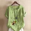 Women's New Fashion Linen Shirt Round Neck Short Sleeve Hazelnut Printed T-shirt Summer Ladies Casual Plus Size Blouse Tops