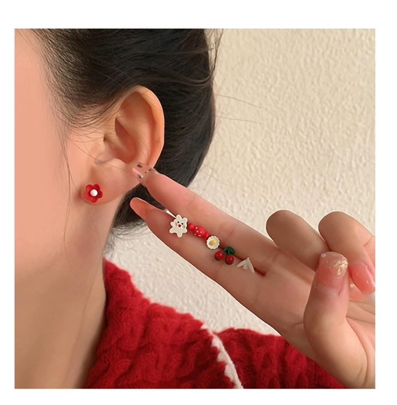 Christmas 925 Silver Needle Ear Stud Set: Cute Red Flowers & Girly Designs from Japan and South Korea