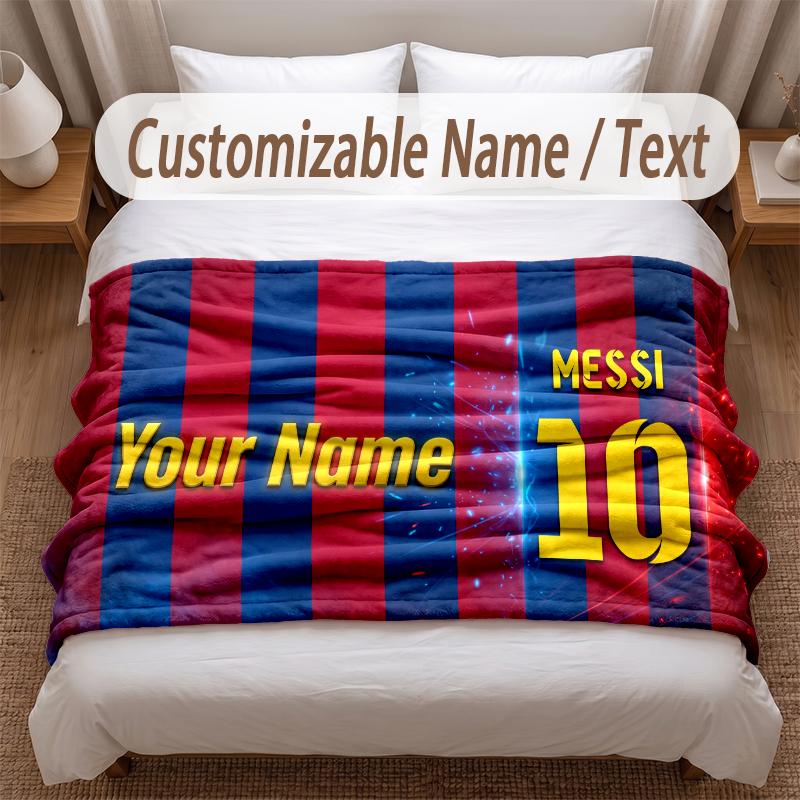Lionel Messi Printed Flannel Blanket Custom Name Text Soft Warm Throw For Bedroom Holiday Gift