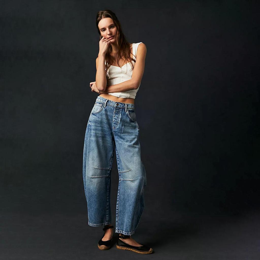 Women Mid-waist Jeans Stylish Women's Gradient Color Wide Leg Jeans with Pockets Hip Hop Retro Ankle Length Denim for Ladies Plus Size