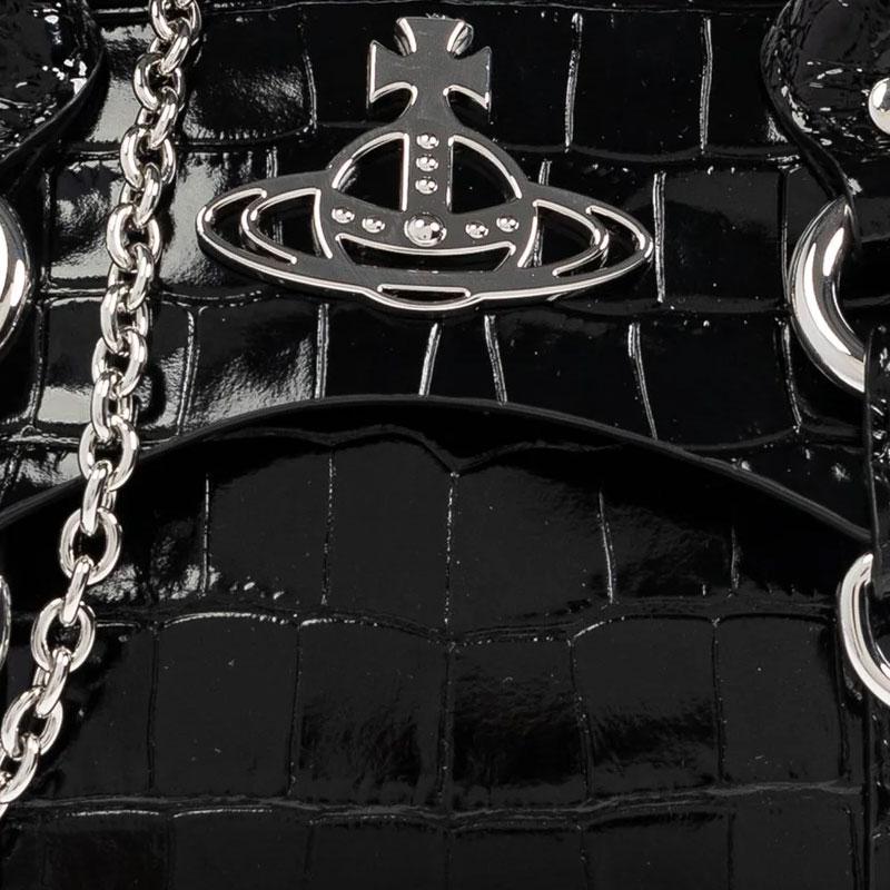 VIVIENNE WESTWOOD Classic Saturn Logo Magnetic Closure Leather Tote Bag Mini Women Handbags Black 48030002WL0099N401