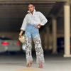 Women's Mid Waist Hollow Lace Spliced Straight Leg Denim Jeans Vintage Washed Long Pants