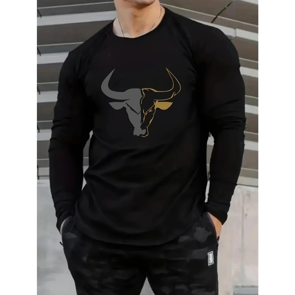 Spring and Autumn Round Neck 3D Bull Head Graphic Printed Top Fashionable Casual Long Sleeved Men's T-shirts