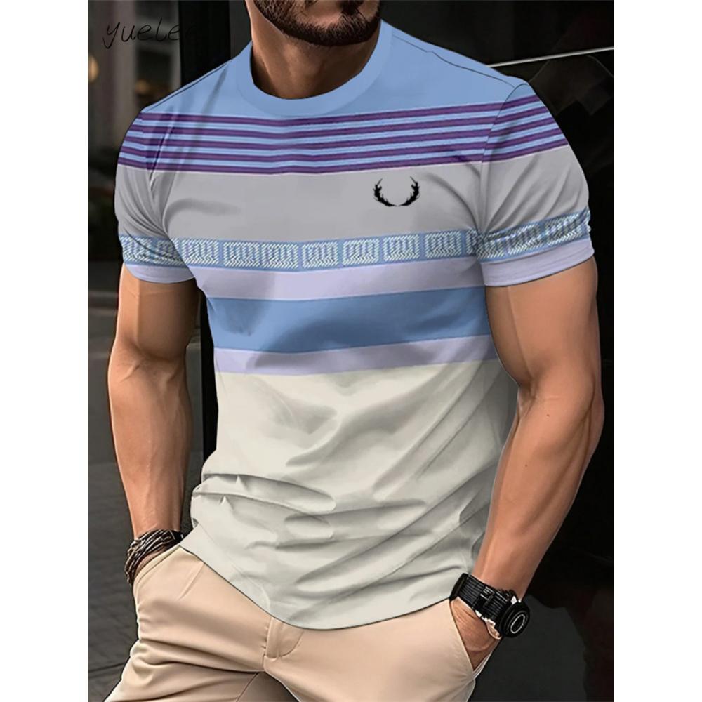 Fashion Striped Printed Men's T-Shirt Summer Breathable Men's Clothing Casual Loose Men Tops Versatile O-Neck Men Short Sleeved