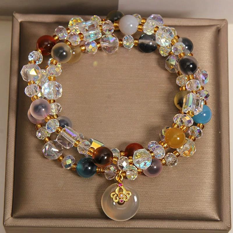 Chic Multi-Layer Agate & Chalcedony Bracelet with Ping'an Buckle Pendant for Women