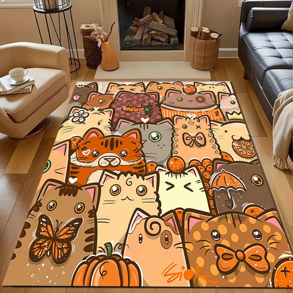 Autumn-Themed Cute Cartoon Cats Illustration Patterned Carpet, Non Slip Mat Suitable for Living Room and Bedroom Sofas