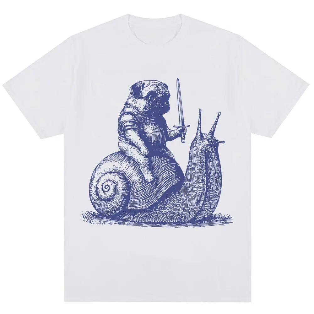 Funny Medieval Pug Knight Riding Snail Meme Graphic TShirt  Unisex 90s Vintage Trendy Oversized 100 Cotton Casual Tshirts