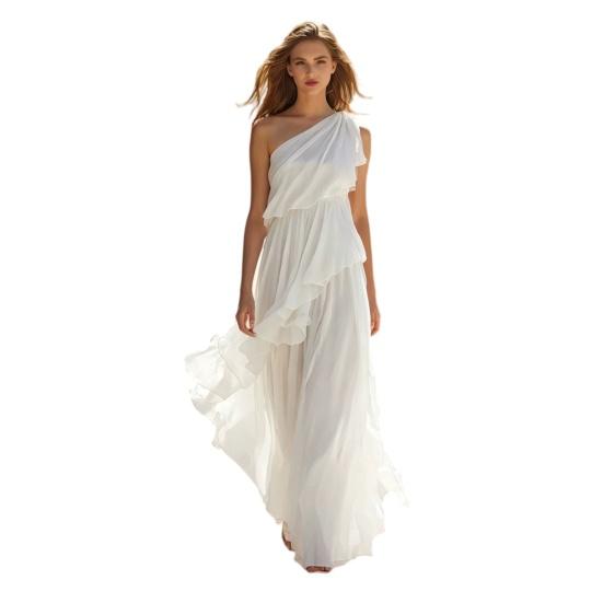 Chiffon Tiered Ruffle Dress Summer One for Women Shoulder L белый