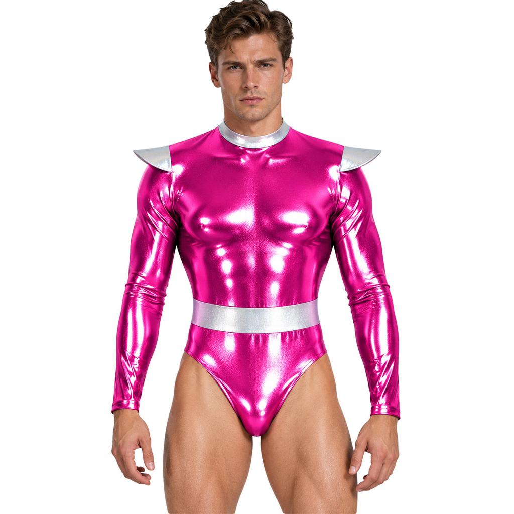Men Halloween Alien Costume Metallic Bodysuit Color Block Mock Neck Long Sleeve Back Zip Leotard for Cosplay Stage Show
