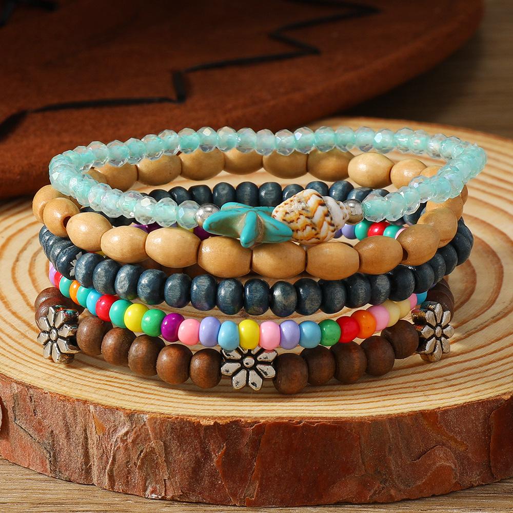 Boho Beaded Stack Bracelet Set, Multi-Layer Wood & Turquoise Bead Bracelet for Women, Bohemian Casual Beach Jewelry