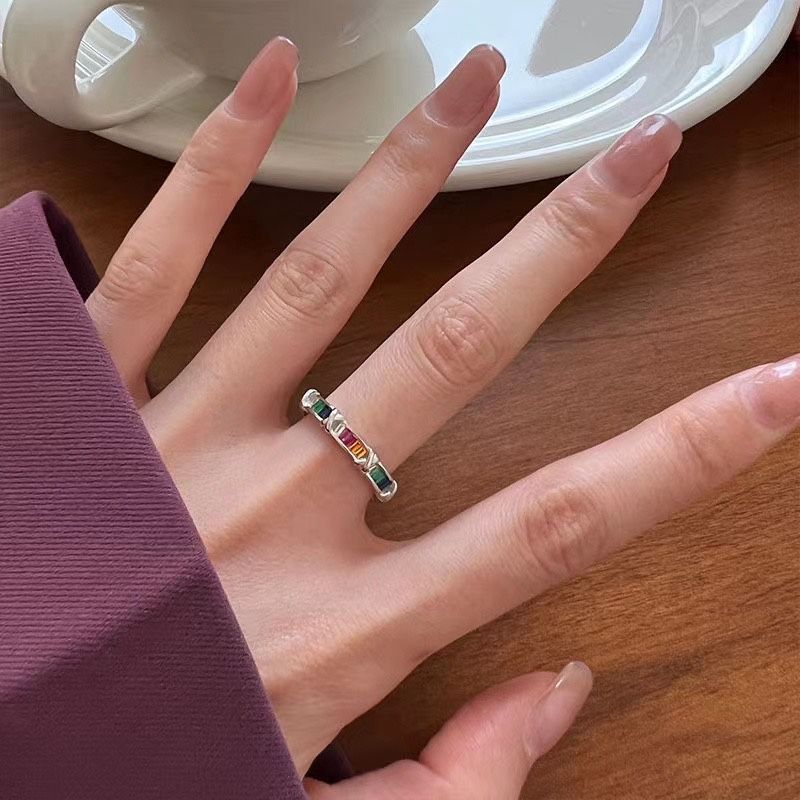 925 Sterling Silver Colorful Stone Lines Ring For Women Fine Jewelry Finger Adjustable Open Vintage Ring For Party Birthday Gift