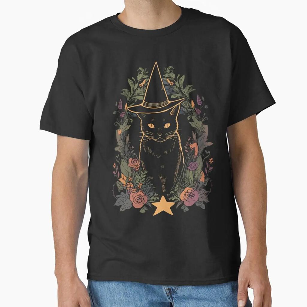 Witch Cat Classic T Shirt Vintage Versatile Designer Clothes Homme Slightly Stretched Stylish Comfortable Unisex Soft