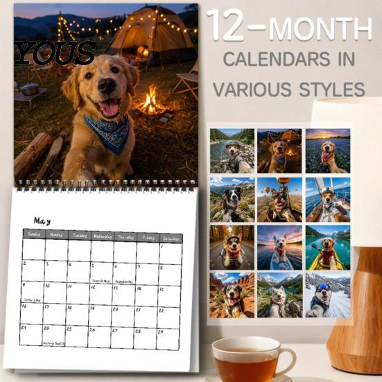 Cute Animal Theme Calendar 2027 Adventure Dog Wall Calendar, 12-Month Puppy Photography Planner with Planning for Owners Spiral Binding, Thick