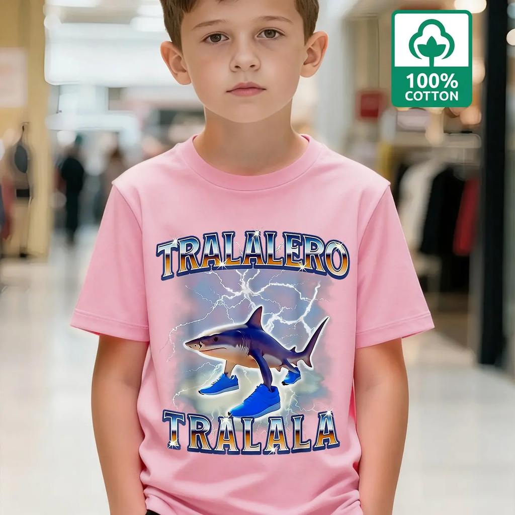 2026 Fashionable Boys' 100% Cotton Fun Shark Battle TRALALERO TRALALA Text Pattern T-Shirt Casual Everyday Children's Wear