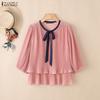 ZANZEA Women Elegant Casual Round Neck 3/4 Sleeve Loose Pleated Blouse