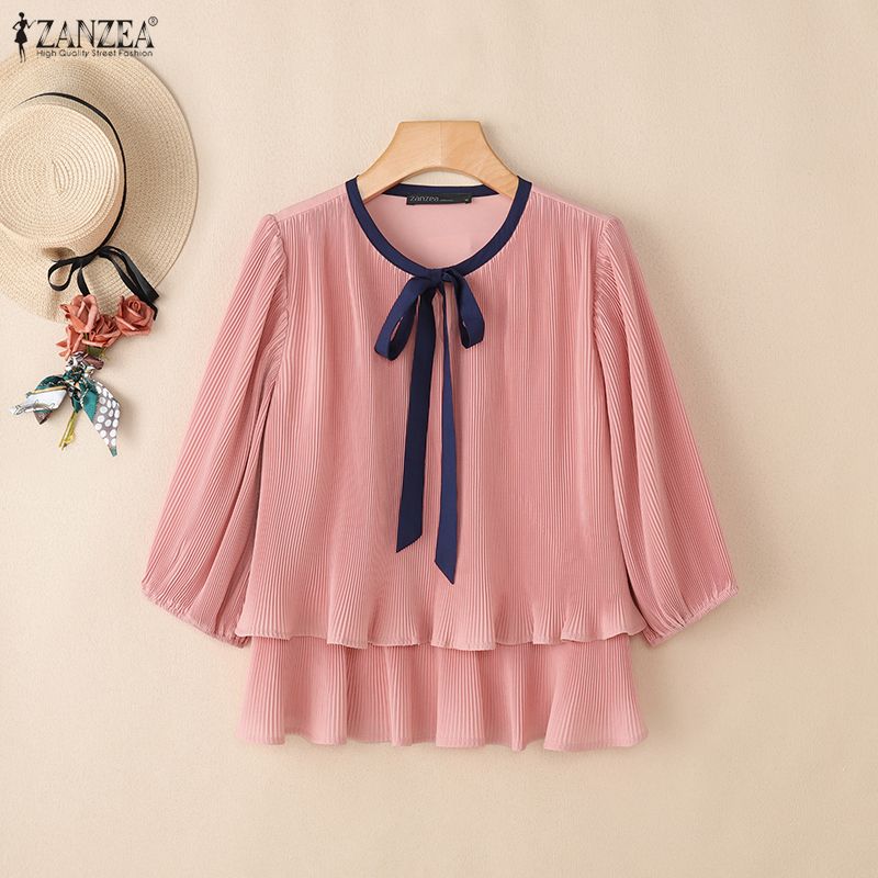ZANZEA Women Elegant Casual Round Neck 3/4 Sleeve Loose Pleated Blouse