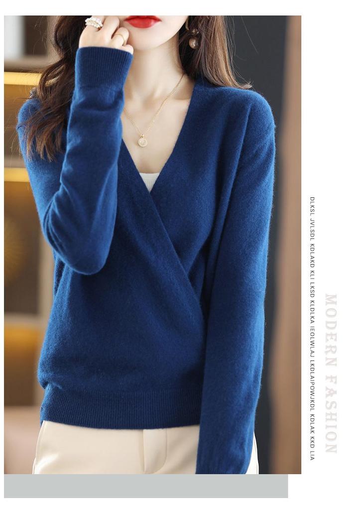 Women's Spring V-Neck 100% Wool Knit Cardigan - Long Sleeve, Short Style Sweater