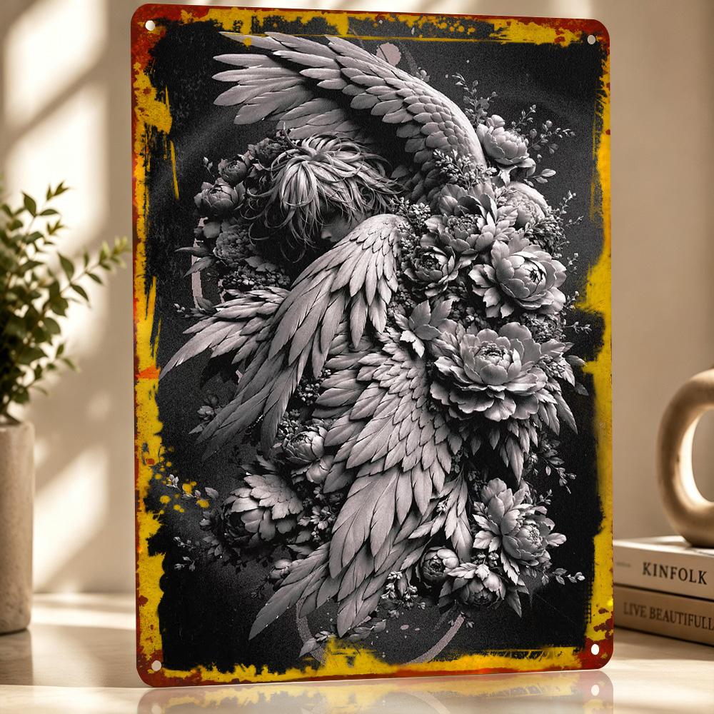 Angel Embraced By Floral Bloom D Texture Metal Poster Customized Wall Art Tin Sign Gift for Mancave Garage Accessories Room Bar