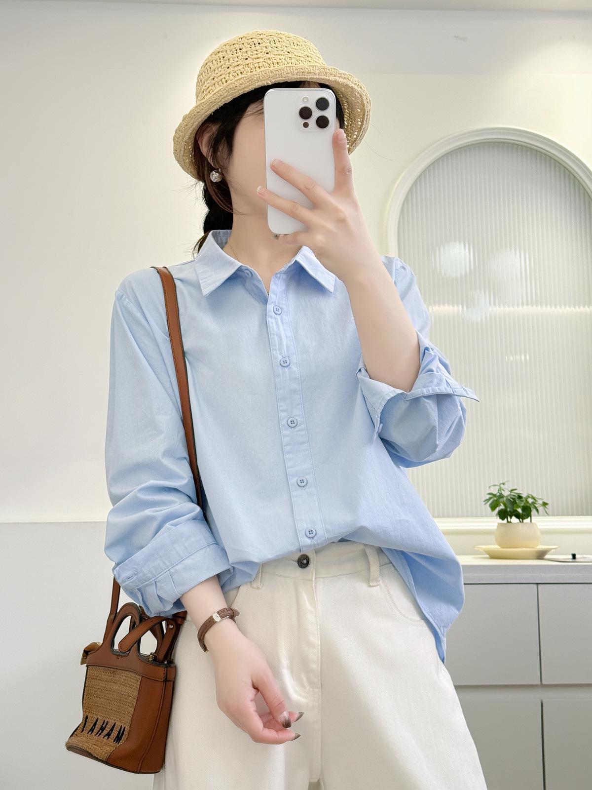 

Women s Solid Color Cotton Long-Sleeve Slimming Shirt - Spring Casual Candy Colors Small светло-синий